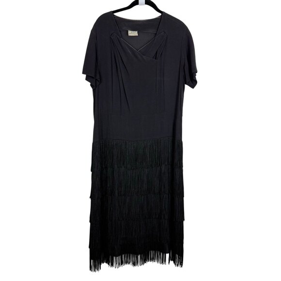 Vtg 40s Sensibly Young Midi Dress L Fringed Bottom Tails Criss Cross Bust Black - Picture 1 of 10